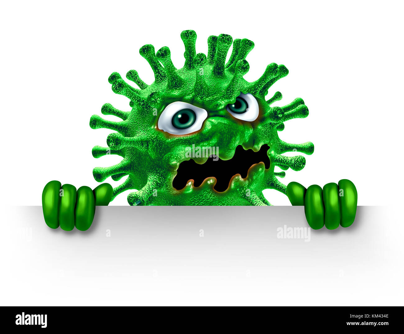 Virus character holding a blank sign as a green disease monster as a health medicine or medical pathology symbol as a pathogen. Stock Photo