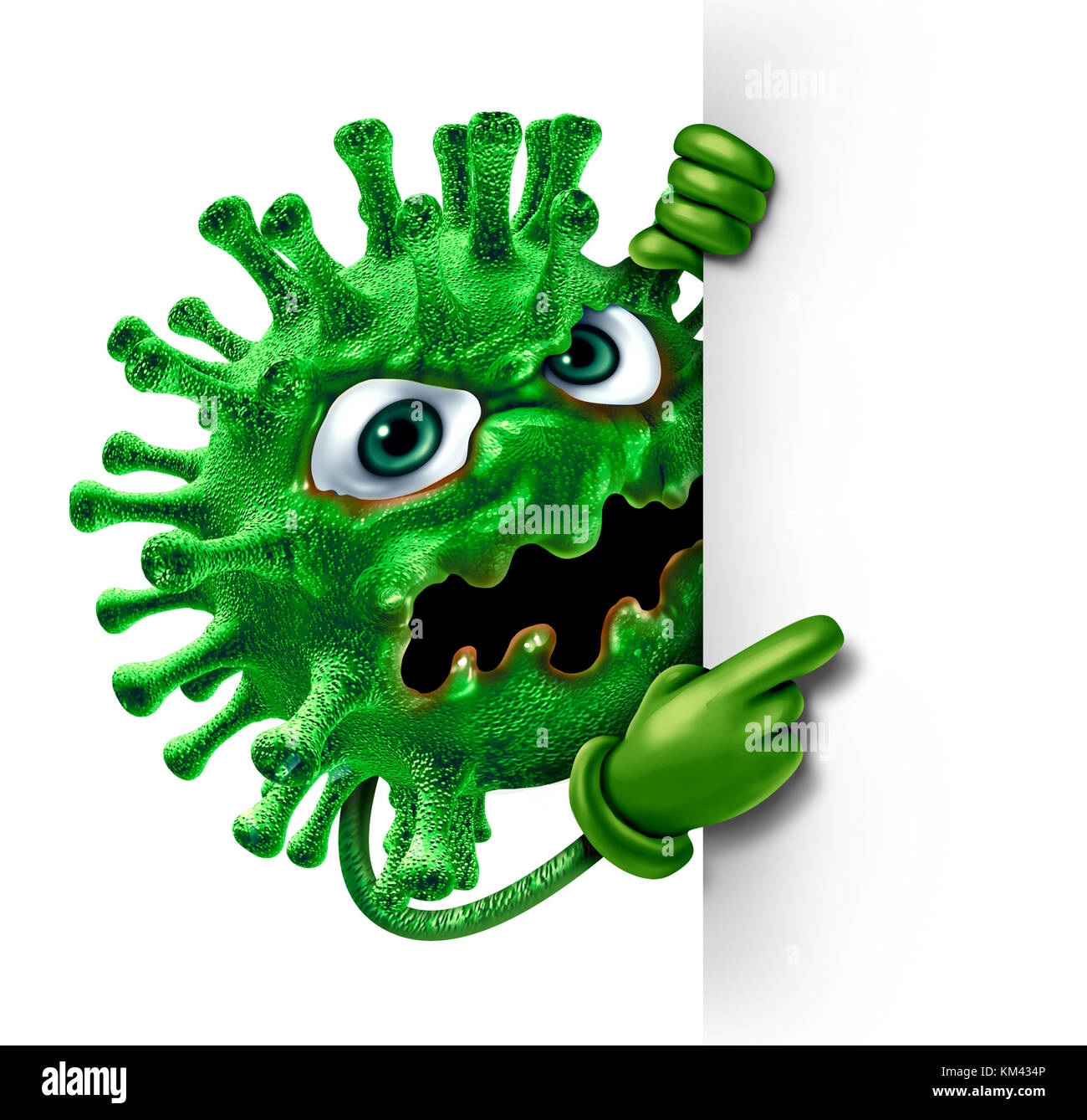 virus cartoon character blank sign as a green disease monster as a health medicine or medical pathology symbol as a pathogen. Stock Photo