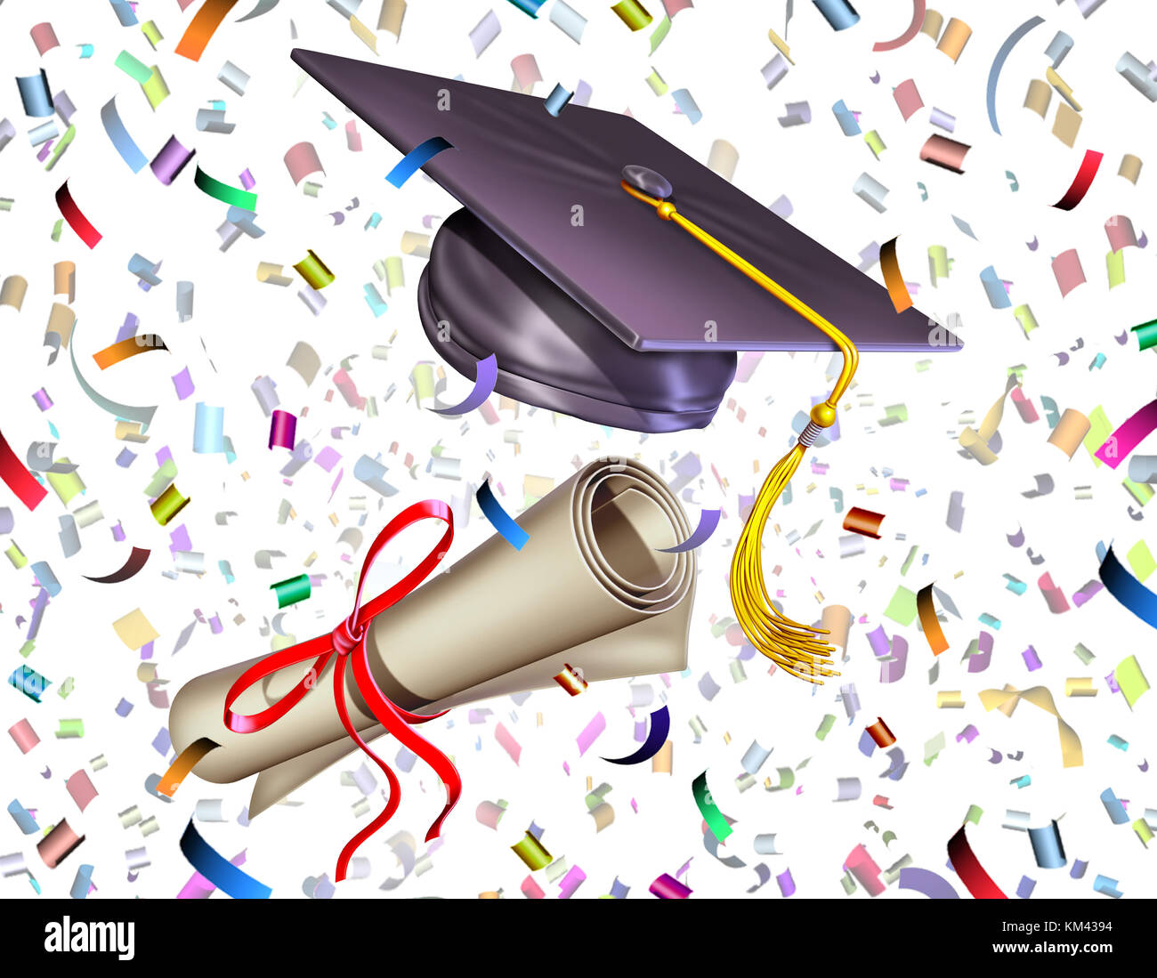 Graduation education celebration ceremony as a mortar board or graduate cap and diploma being tossed up in the air with party confetti. Stock Photo