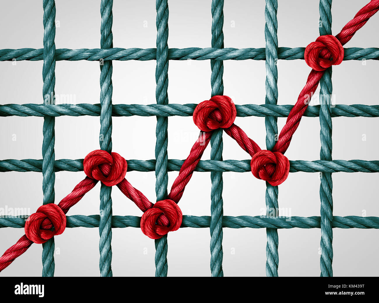 Financial chart ropes business profit concept as a finance diagram with a successful earnings red rope tied to a grid. Stock Photo