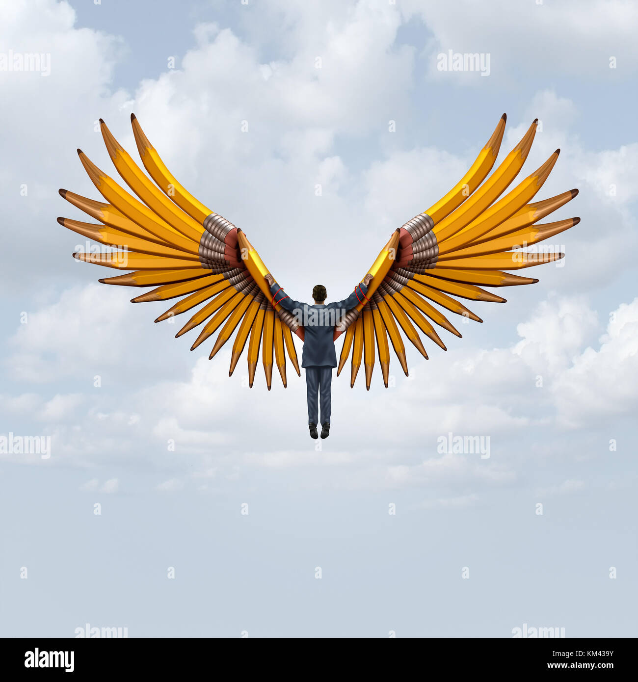 Business creative freedom as a leader flying with wings made of pencils as an imagination journey to creativity success. Stock Photo