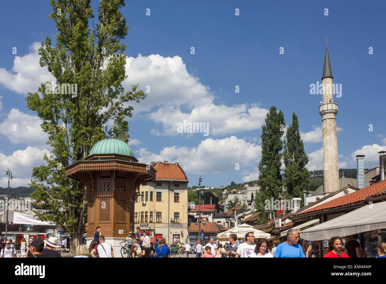 SARAJEVO, BOSNIA AND HERZEGOVINA - AUGUST 18 2017: Sarajevo city centre at day time in summer season, with the sebilj fountain and people around Stock Photo