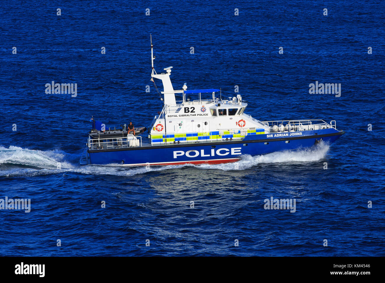 The Sir Adrian Johns (B2) of the Royal Gibraltar Police Marine Section cruising past Europa Point, Gibraltar Stock Photo