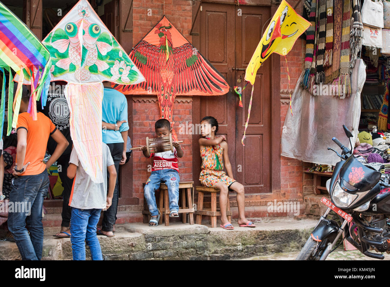 Children at a kite shop, Bhaktapur, Nepal Stock Photo Alamy