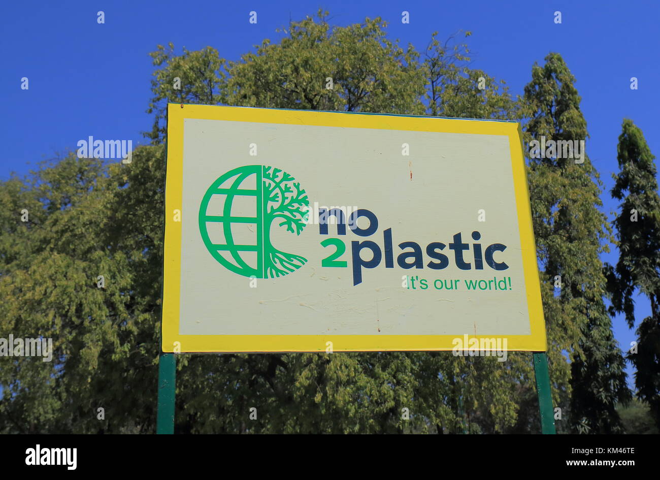 Environmental campaign sign encourage people to reduce plastic use in Udaipur India. Stock Photo