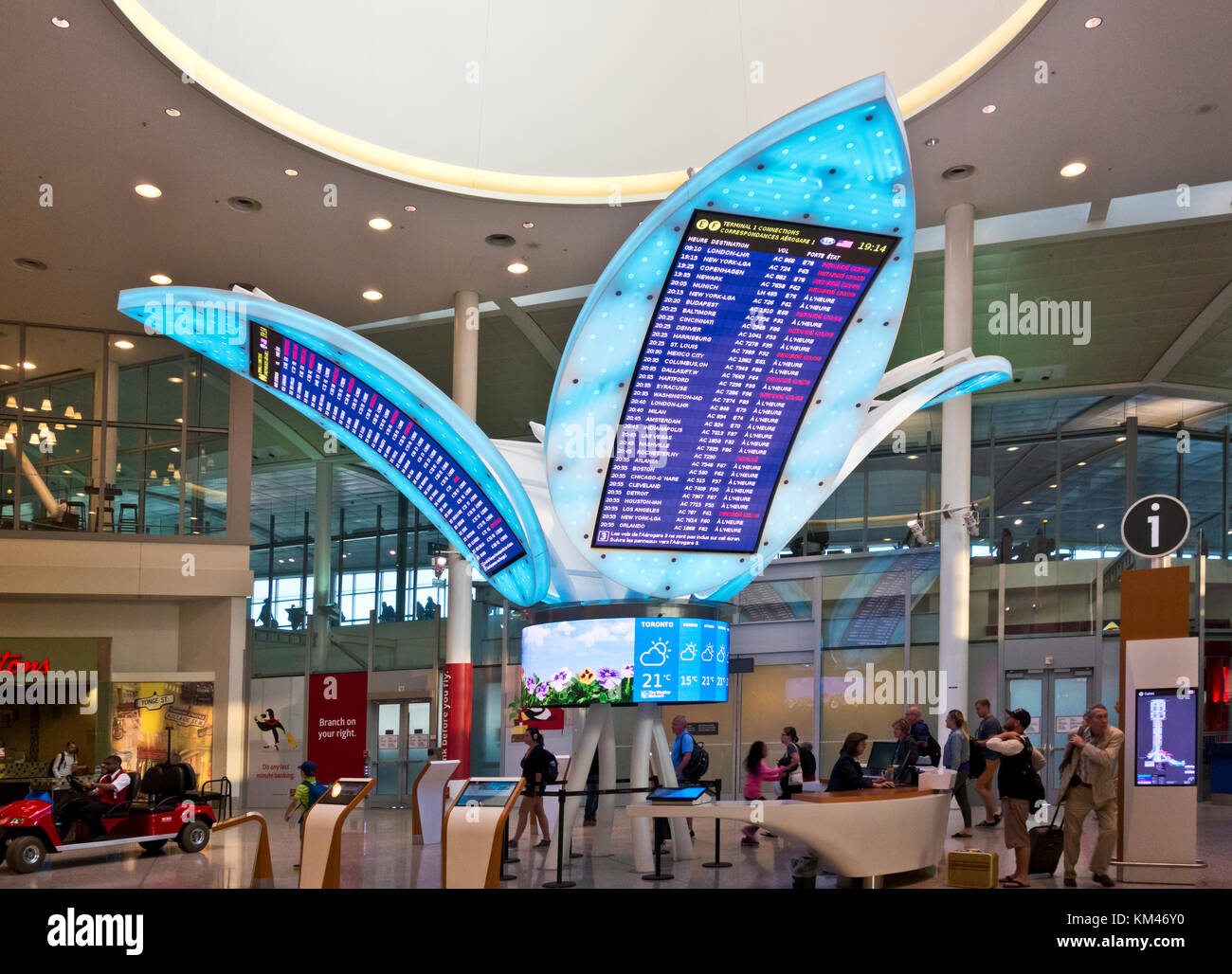 Flight Information Centre at Toronto Pearson International Airport, Terminal One. Departure screens for airlines leaving YYZ airport, Toronto Canada. Stock Photo