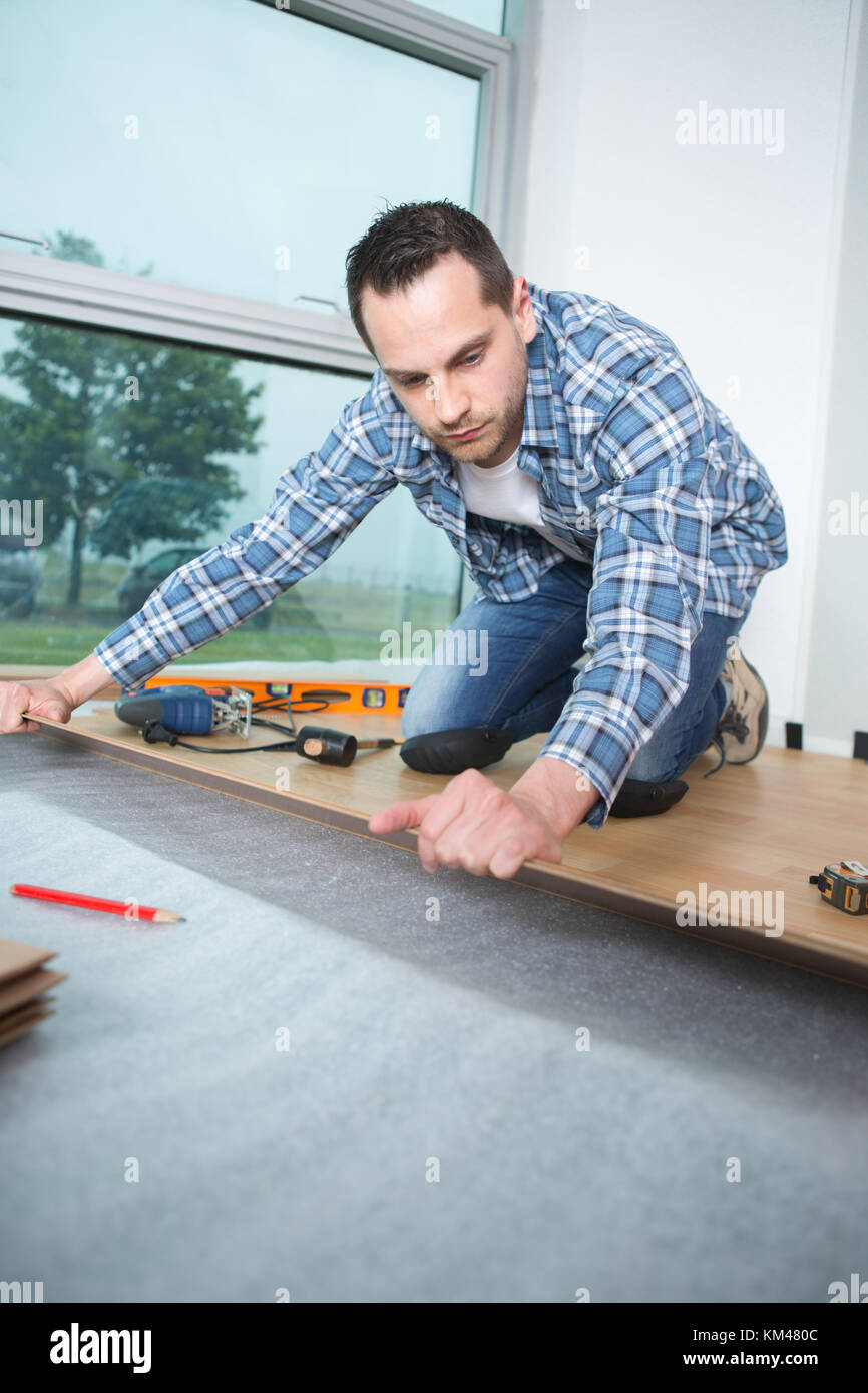 handyman laying down laminate wood flooring boards Stock Photo Alamy