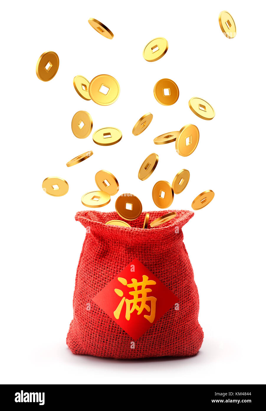 Burlap sack full with chinese gold coins isolated on white background, Chinese calligraphy means full Stock Photo