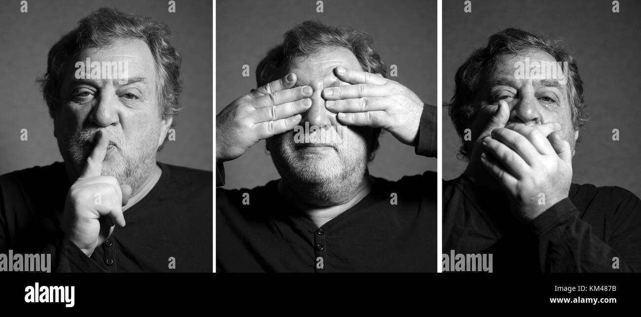 concept with 3 black and white portraits of middle aged caucasian man: be silent, do not look, close your mouth Stock Photo