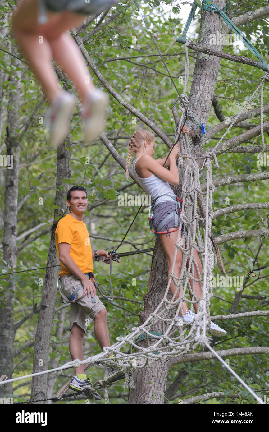 Adults on assault course in the trees Stock Photo - Alamy