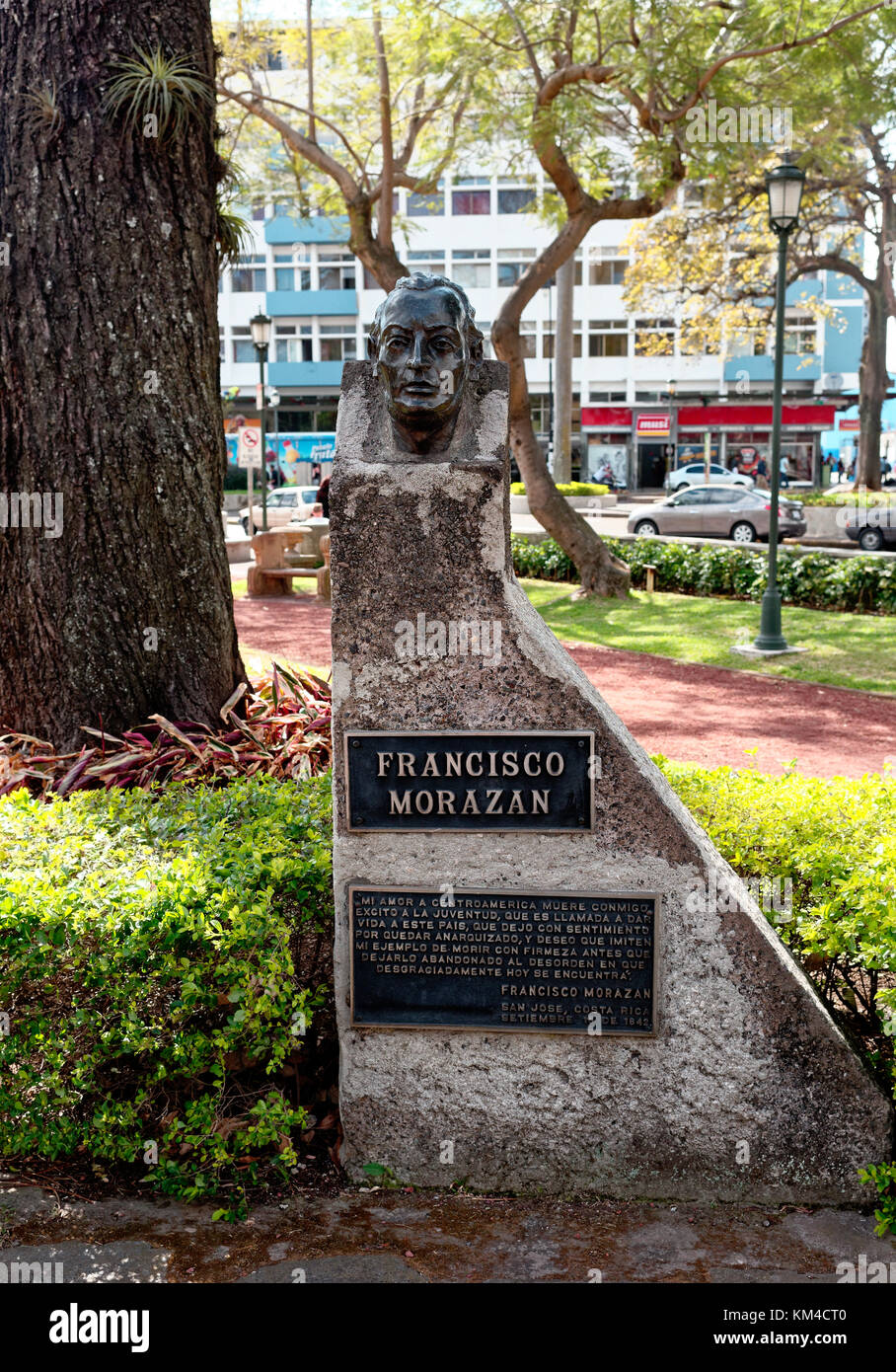 Modern art statue and bust of Francisco Morozan in Parque Morazan in San Jose Costa Rica Stock Photo