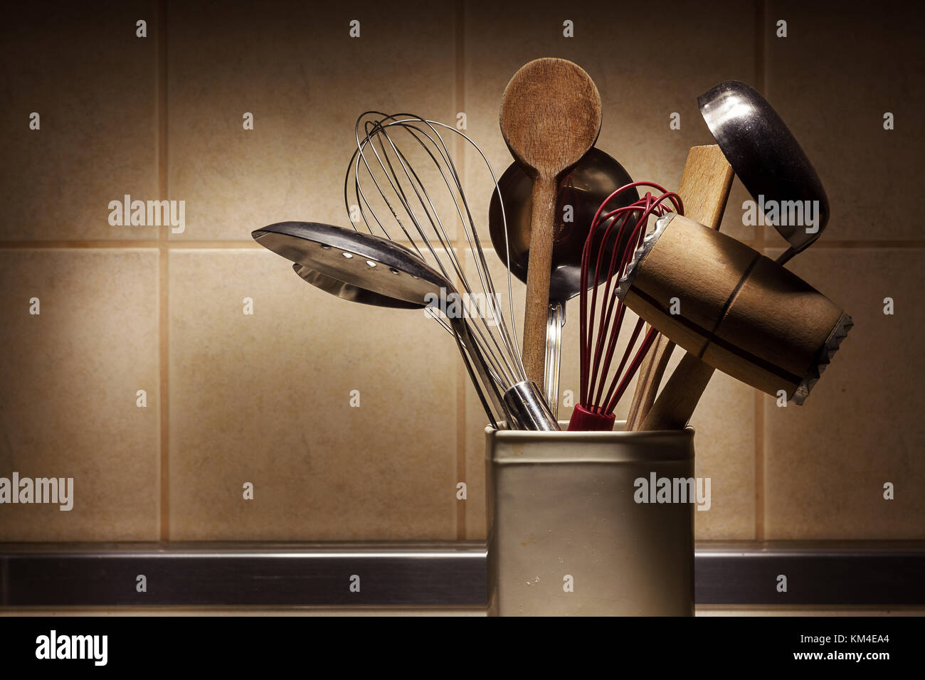 Various kitchen utensils for preparing food, closeup view Stock Photo