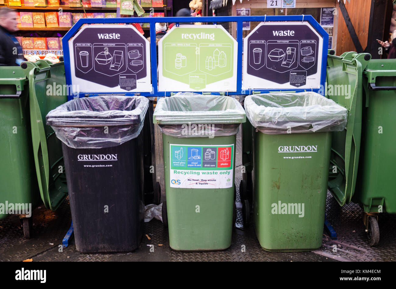 Rubbish and recycling bins. Stock Photo