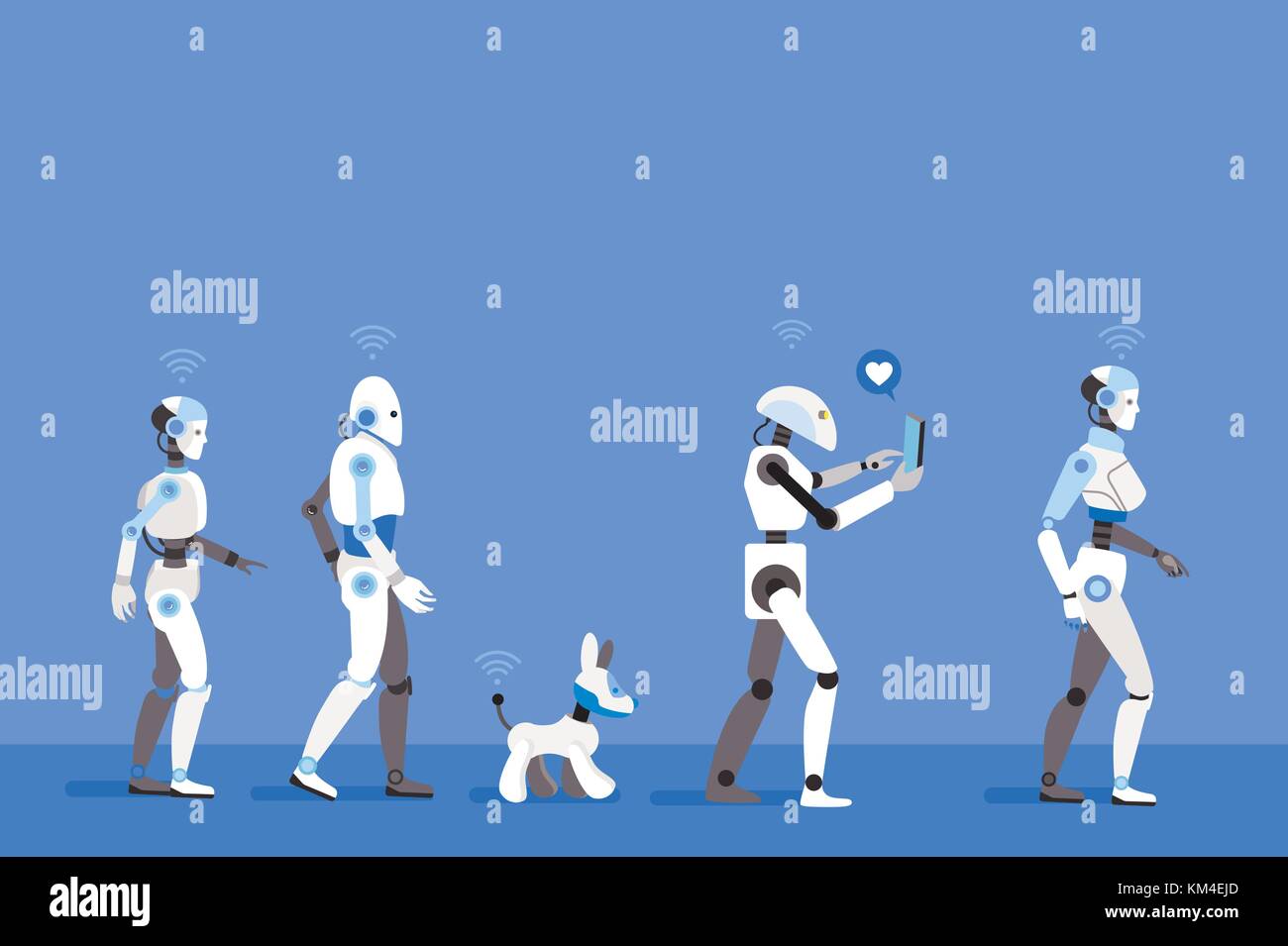 Android Robots Walking. Futuristic image of a near future. Stock Vector