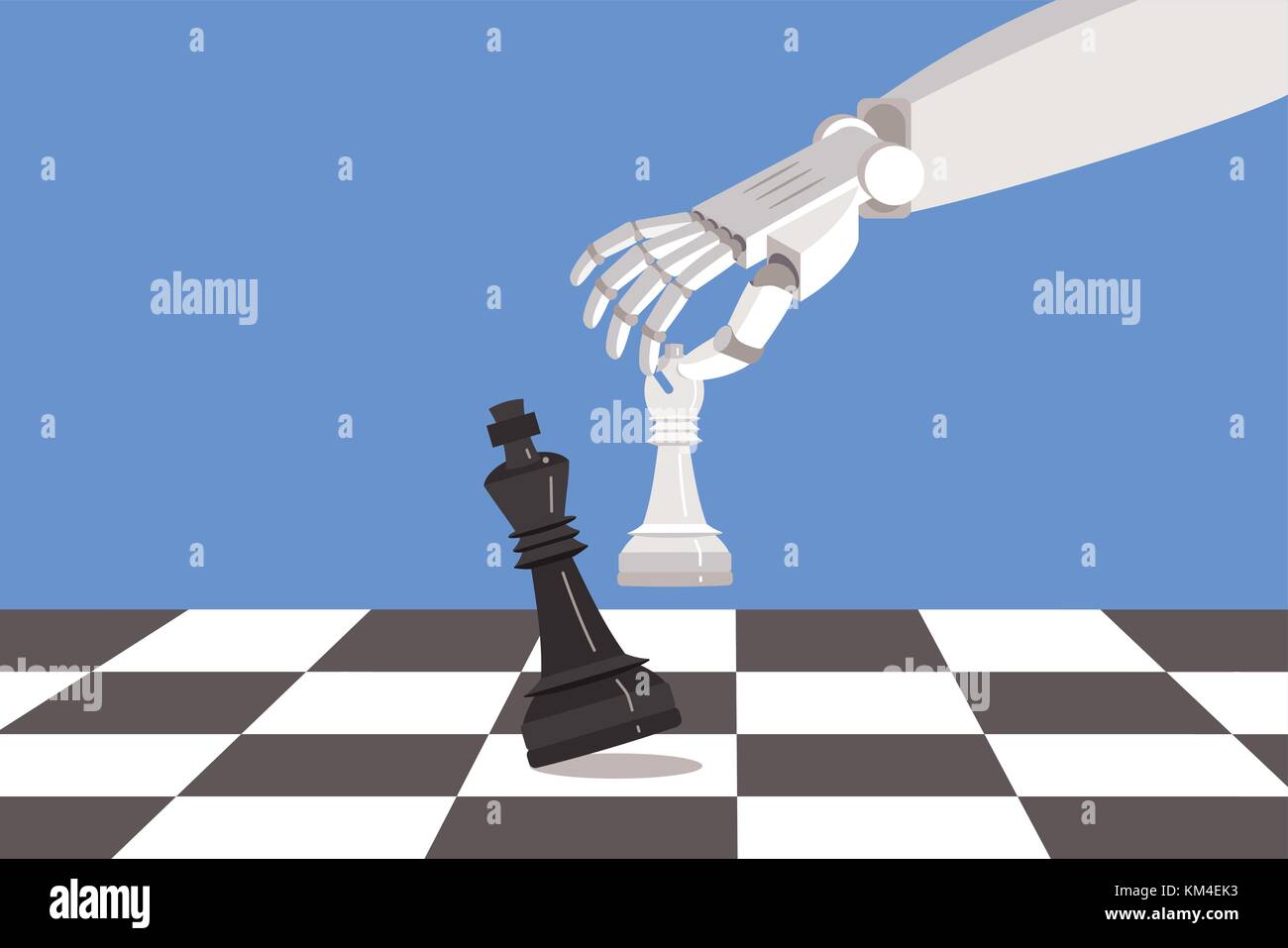 Robot playing chess and checkmate. Artificial intelligence surpasses the human brain. Stock Vector