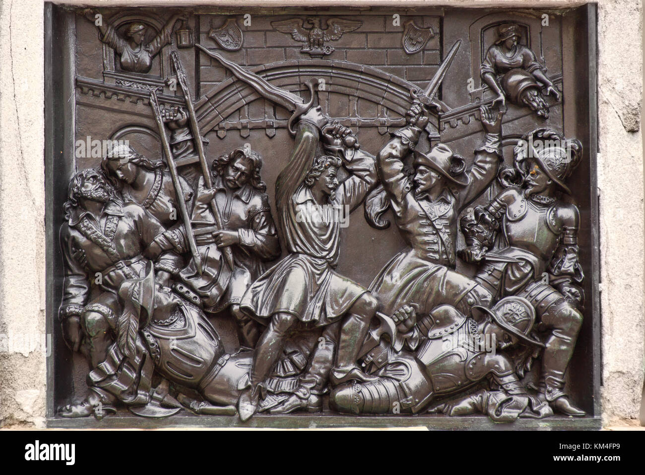 The Escalade Fountain - detail - The fight between Savoyards and the people of Geneva Stock Photo