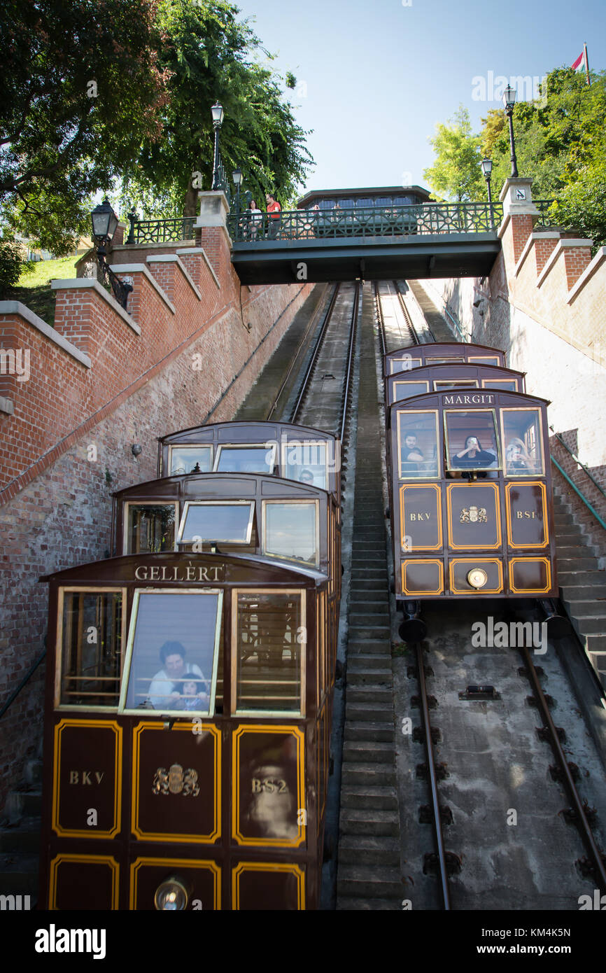 The Budapest Castle Hill Funicular or Budavári Sikló is a funicular railway in the city of Budapest, in Hungary. Stock Photo
