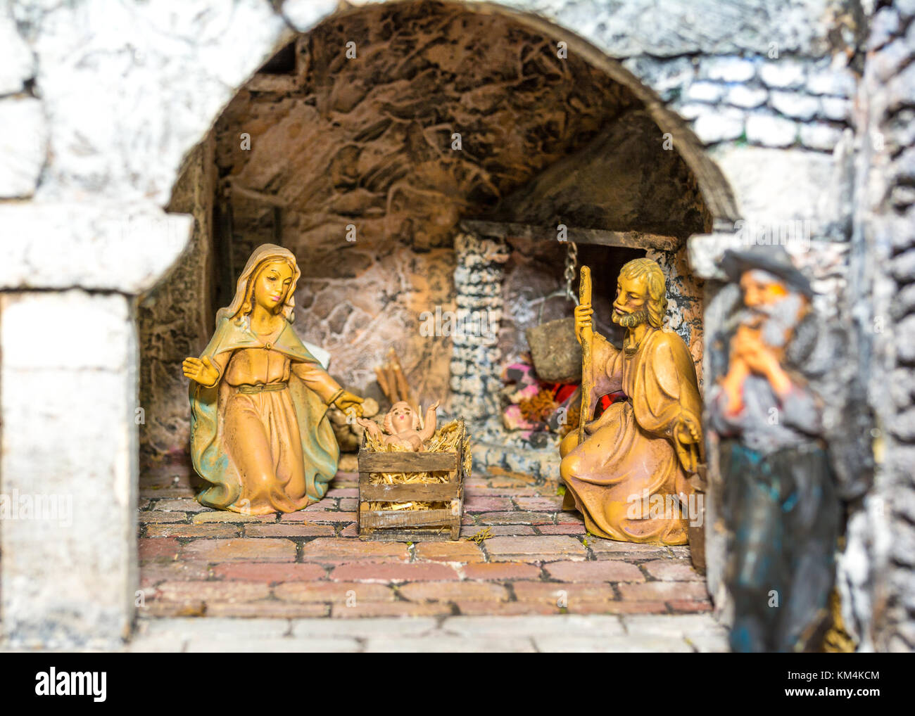 Christmas nativity scene represented with statuettes of Mary, Joseph ...