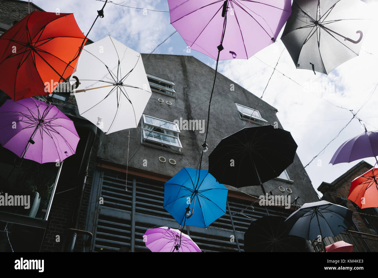 Street decorations in Dublin, Ireland, colourful umbrellas suspended