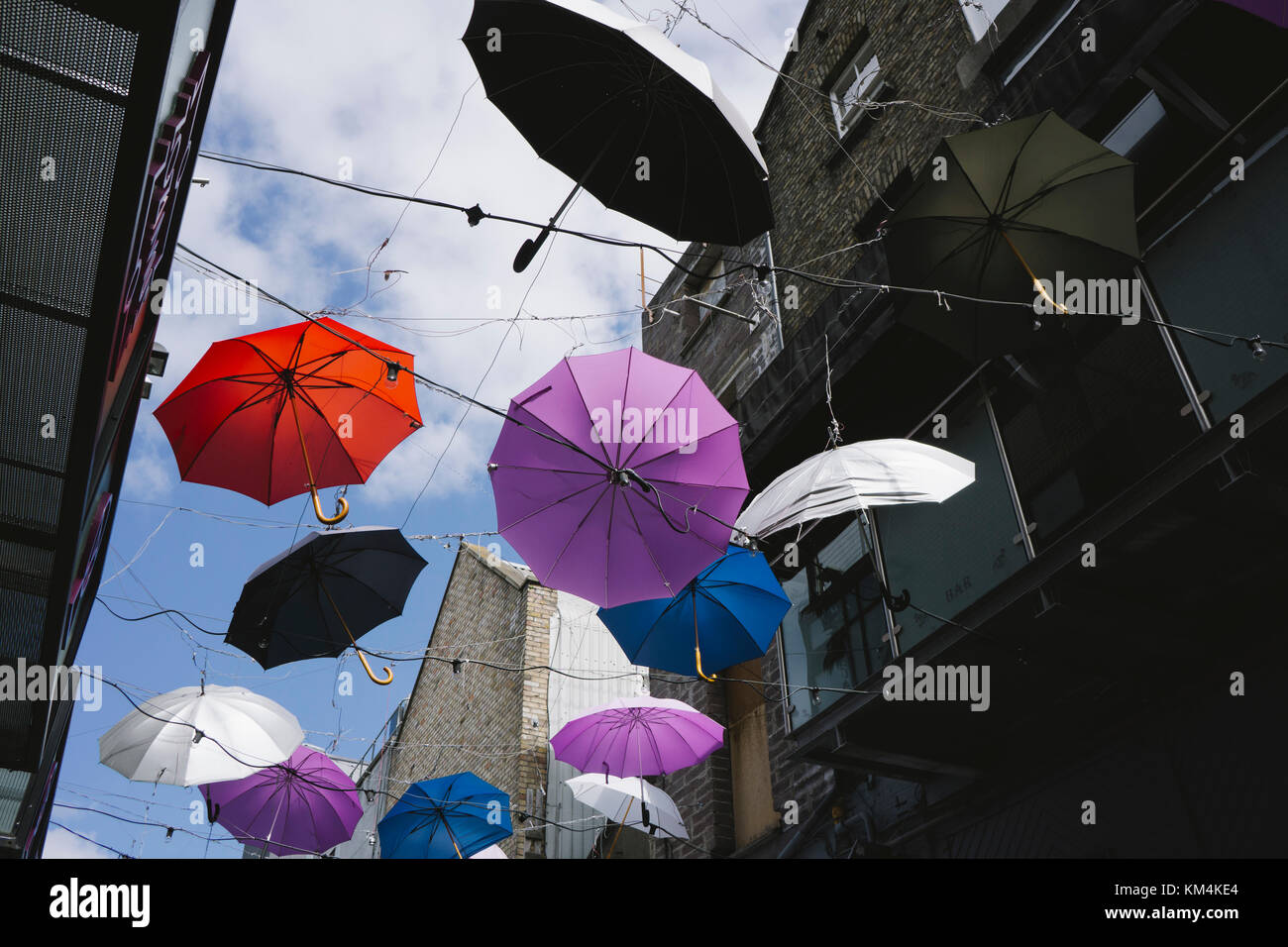 Street decorations in Dublin, Ireland, colourful umbrellas suspended