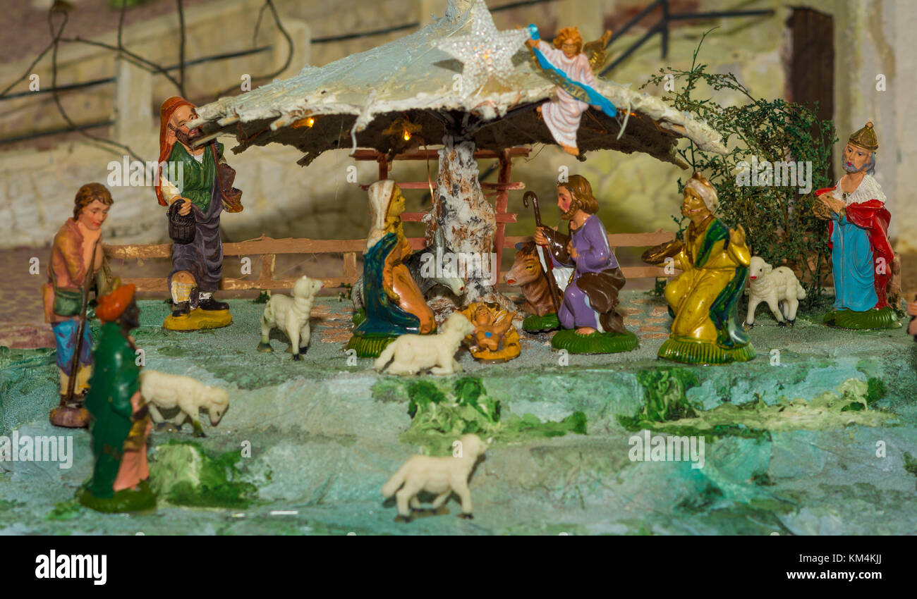 Christmas nativity scene represented with statuettes of Mary, Joseph ...