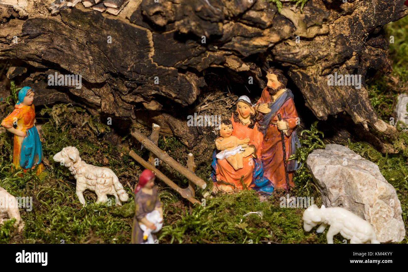 Christmas nativity scene represented with statuettes of Mary, Joseph ...