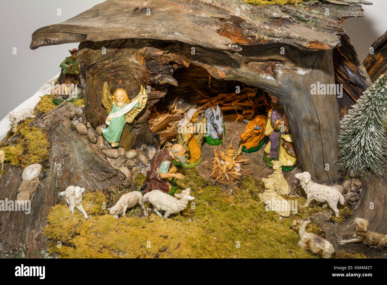 Christmas nativity scene represented with statuettes of Mary, Joseph ...