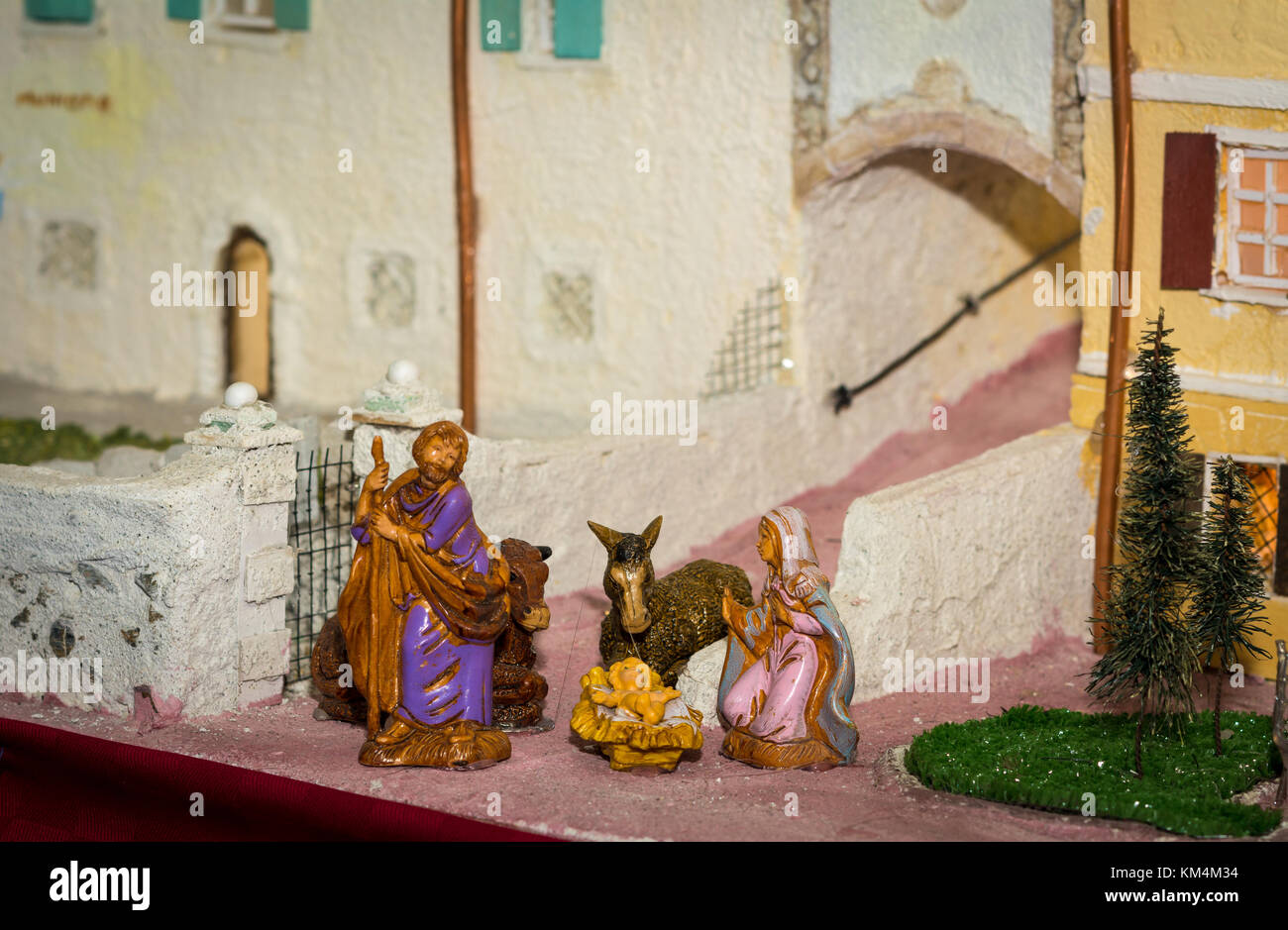Christmas nativity scene represented with statuettes of Mary, Joseph ...