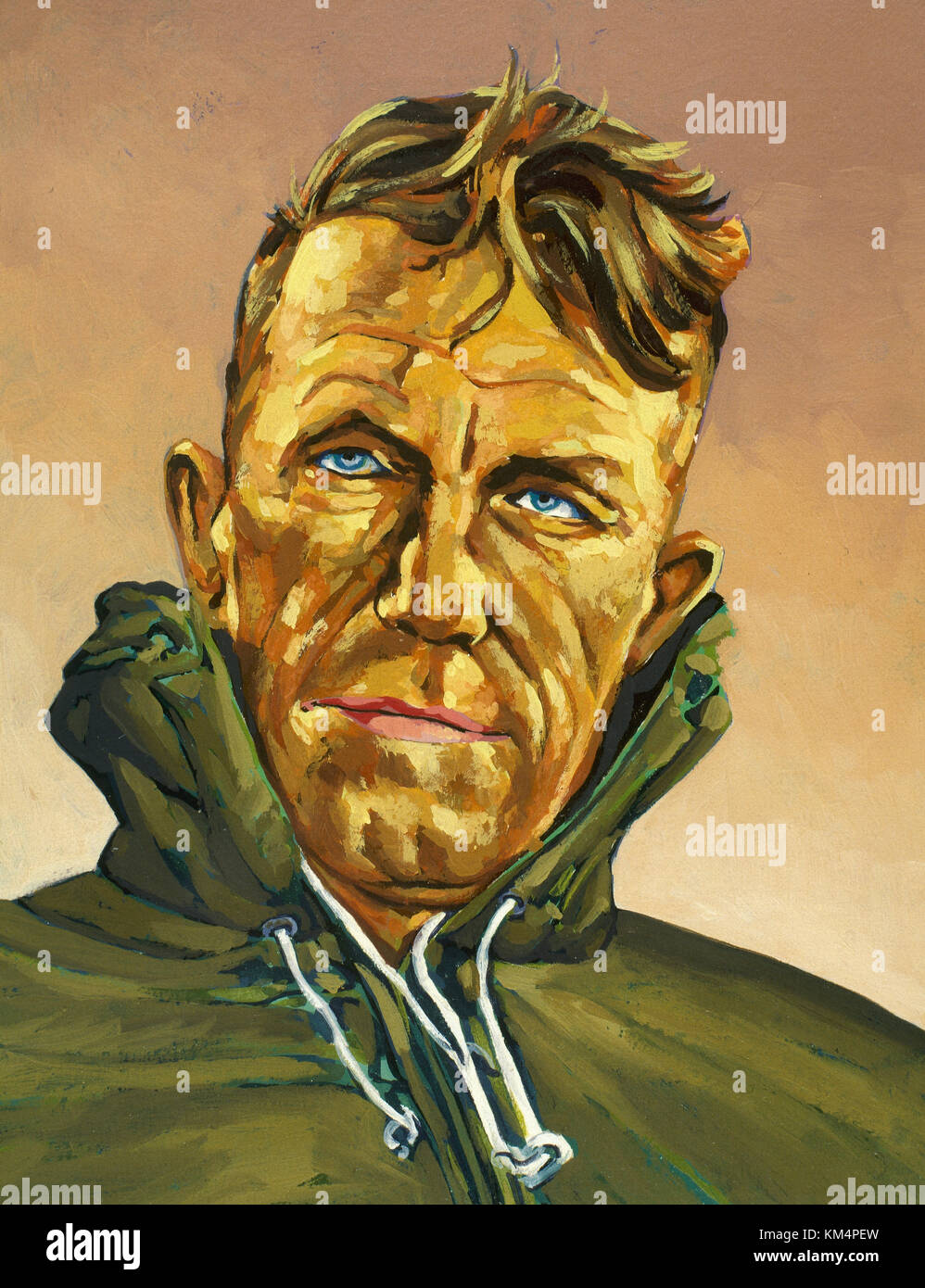 Sir Edmund Hillary (1919-2008). New Zealand mountaineer, explorer and philanthropist. On May 29, 1953, in an Anglo-Zeeland expedition, reached the summit of Mount Everest, the highest in the world. On January 4, 1958, as part of a British expedition, he reached the South Pole. Portrait. Watercolor. Stock Photo