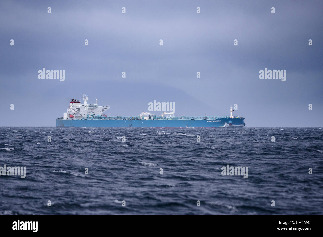 An oil tanker navigating through the Straits of Magellan in southern Chile Stock Photo