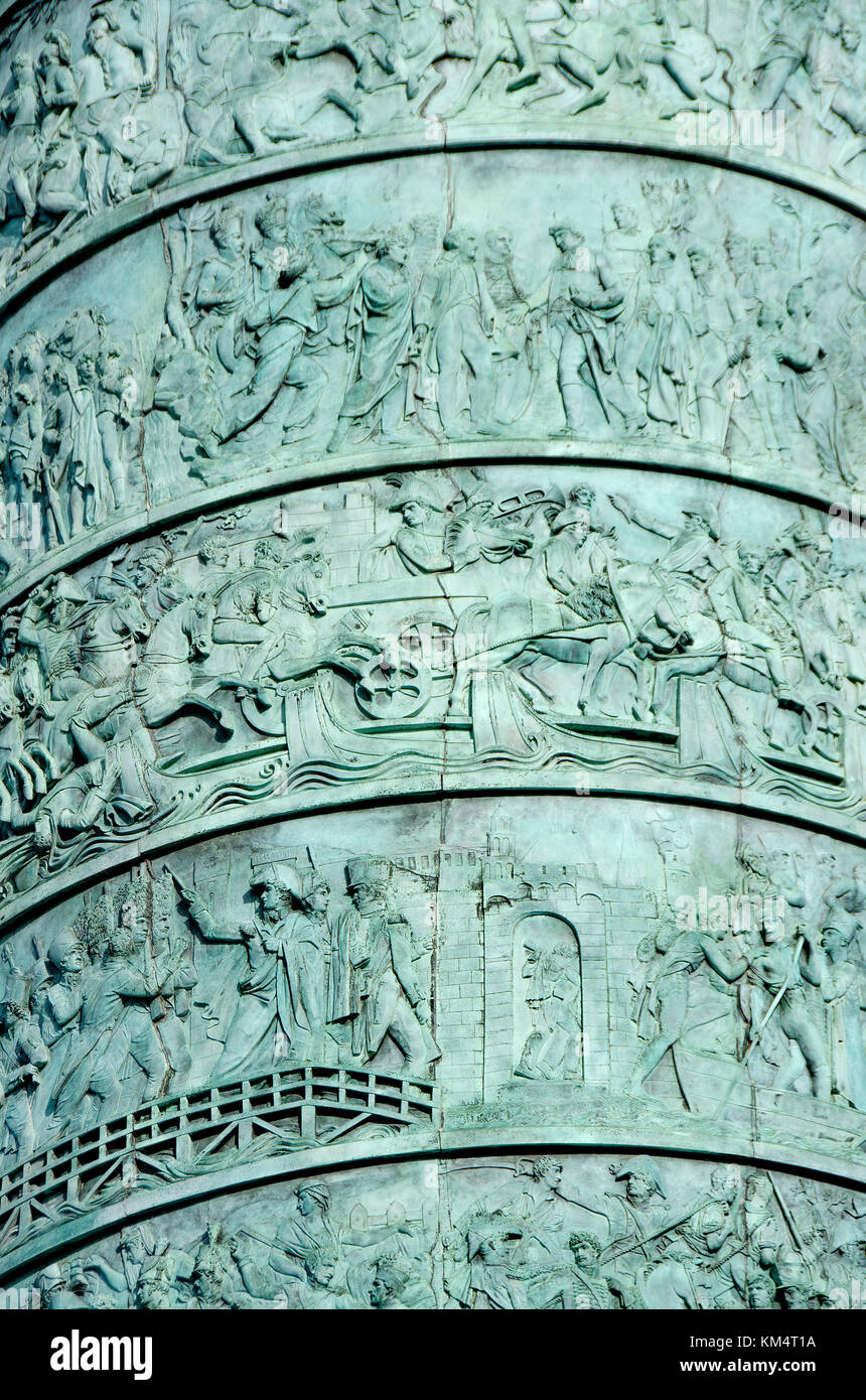 Paris, France. Place Vendome / Colonne Vendôme (1st Arr) 1810, celebrating Napoleon's victory at Austerlitz. Detail of the column Stock Photo