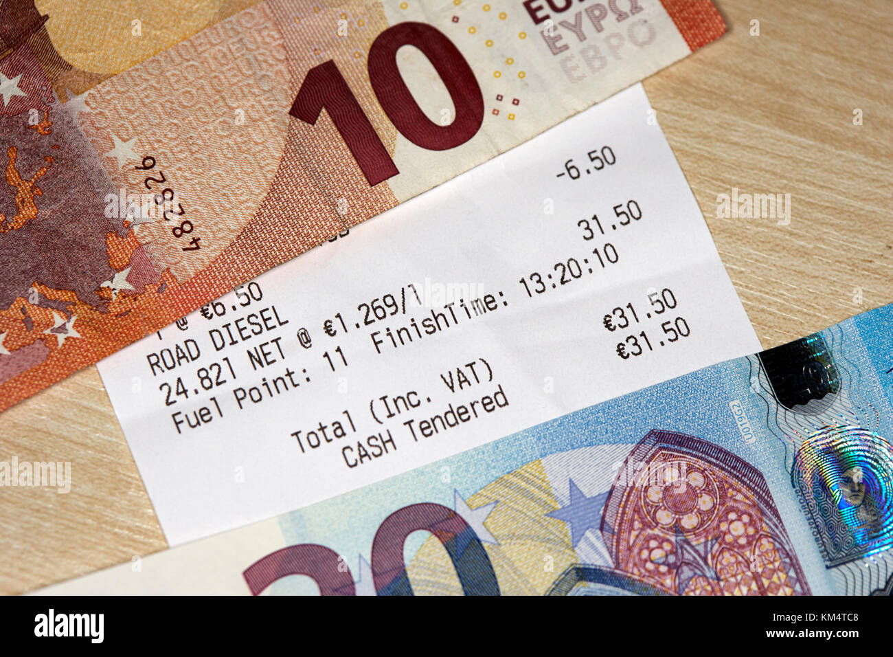 irish diesel fuel receipt in euros with cash Stock Photo