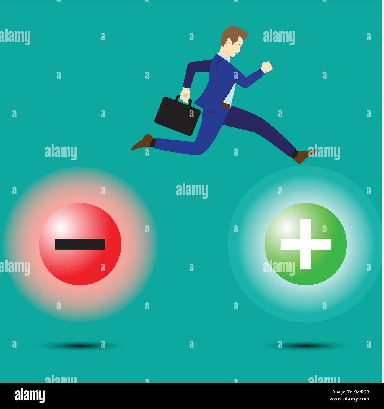 Business Concept As A Businessman Is Highly Jumping Up From Negativity To Positivity. It Means Leaving From Pessimistic Attitude To Optimistic One. Stock Vector