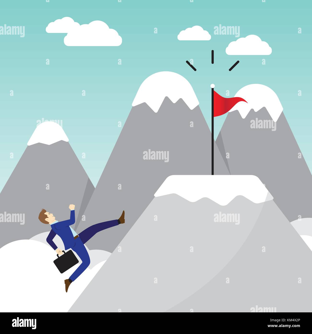 Business Concept As A Full-Energy Businessman Running On Mountain To The Red Flag. It Means Performing The Best Effort To Approach, Succeed The Goal. Stock Vector