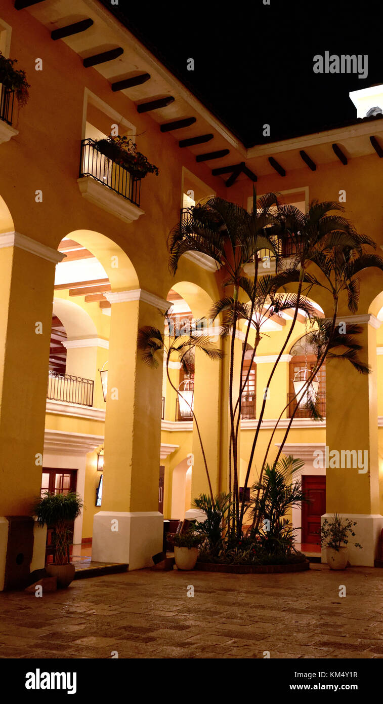 Arches and balconies at the San Jose Marriott hotel lit at night Stock Photo
