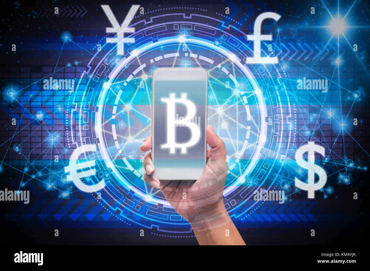 holding smart phone showing the financial technology with block chain over the innovation technology virtual screen on part of earth with the star, El Stock Photo