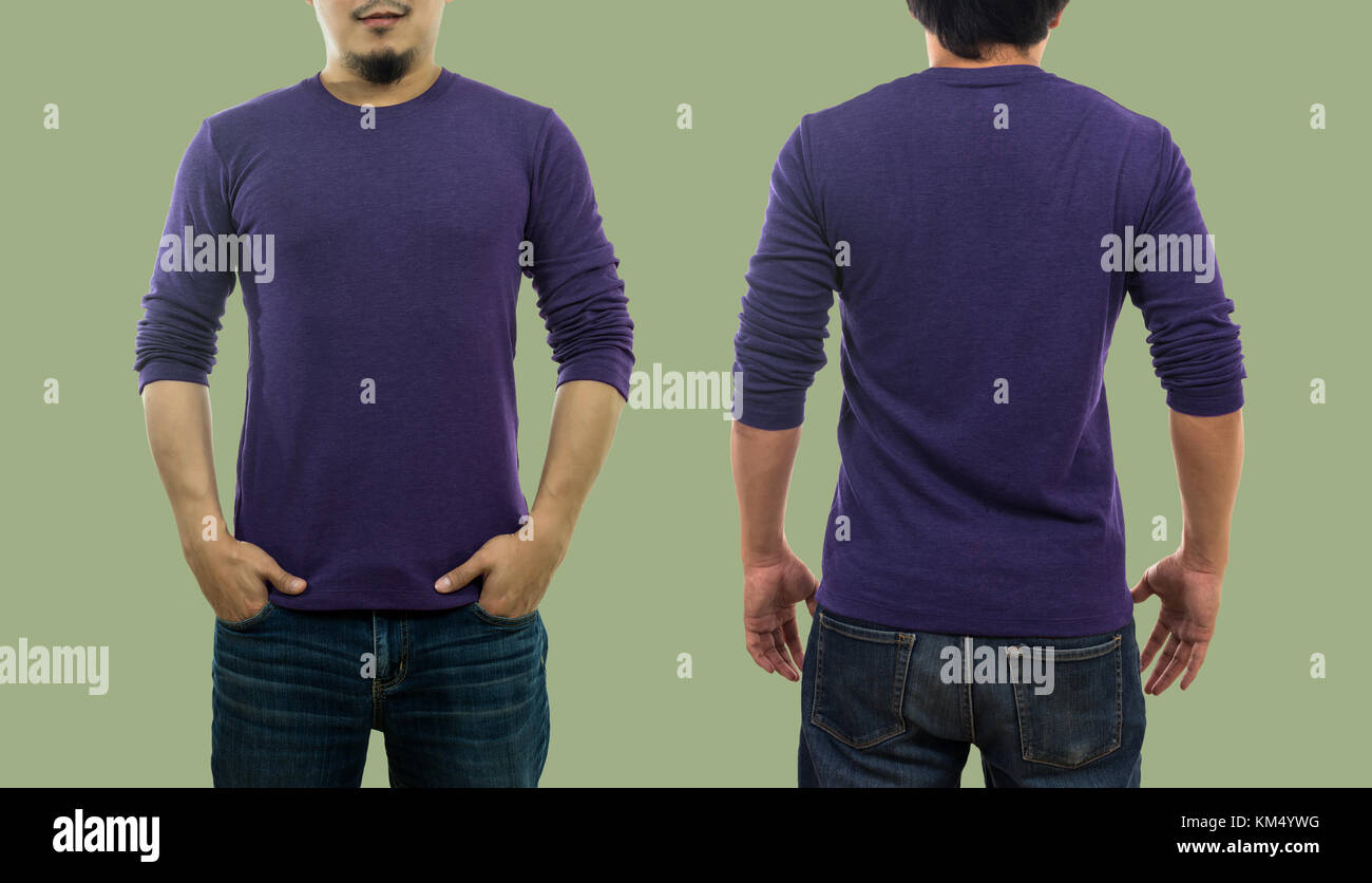 A guy wearing blank crew neck long t-shirt while standing on the green background, isolate include clipping path, fashion mockup and designer concept, Stock Photo