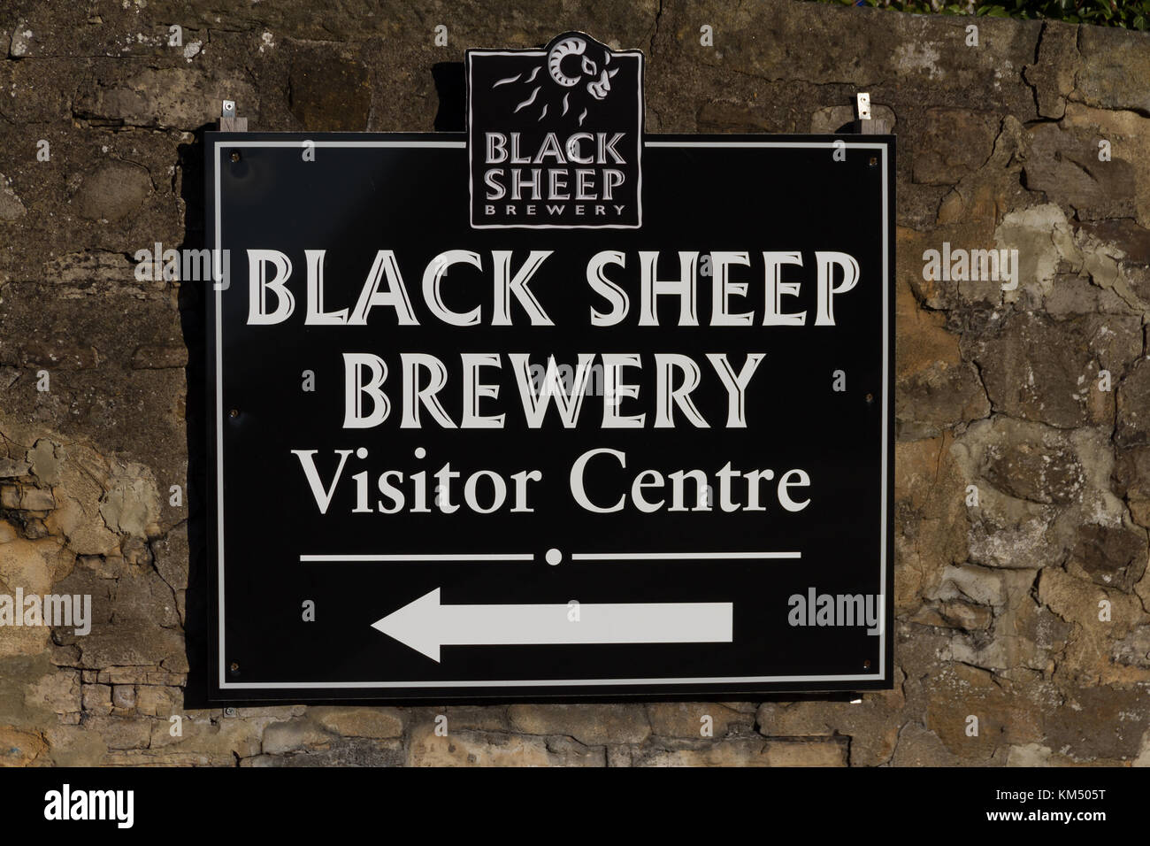 Sign indicating the direction for the Black Sheep Brewery Visitor Centre at Masham, Ripon, UK Stock Photo