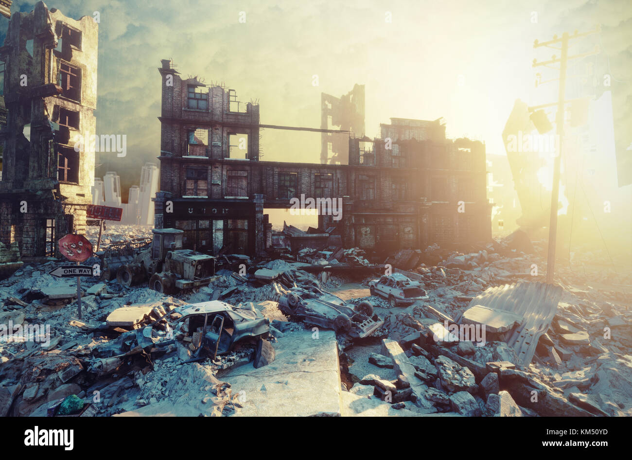 apocalyptic city sunset. Creative 3D illustration Stock Photo
