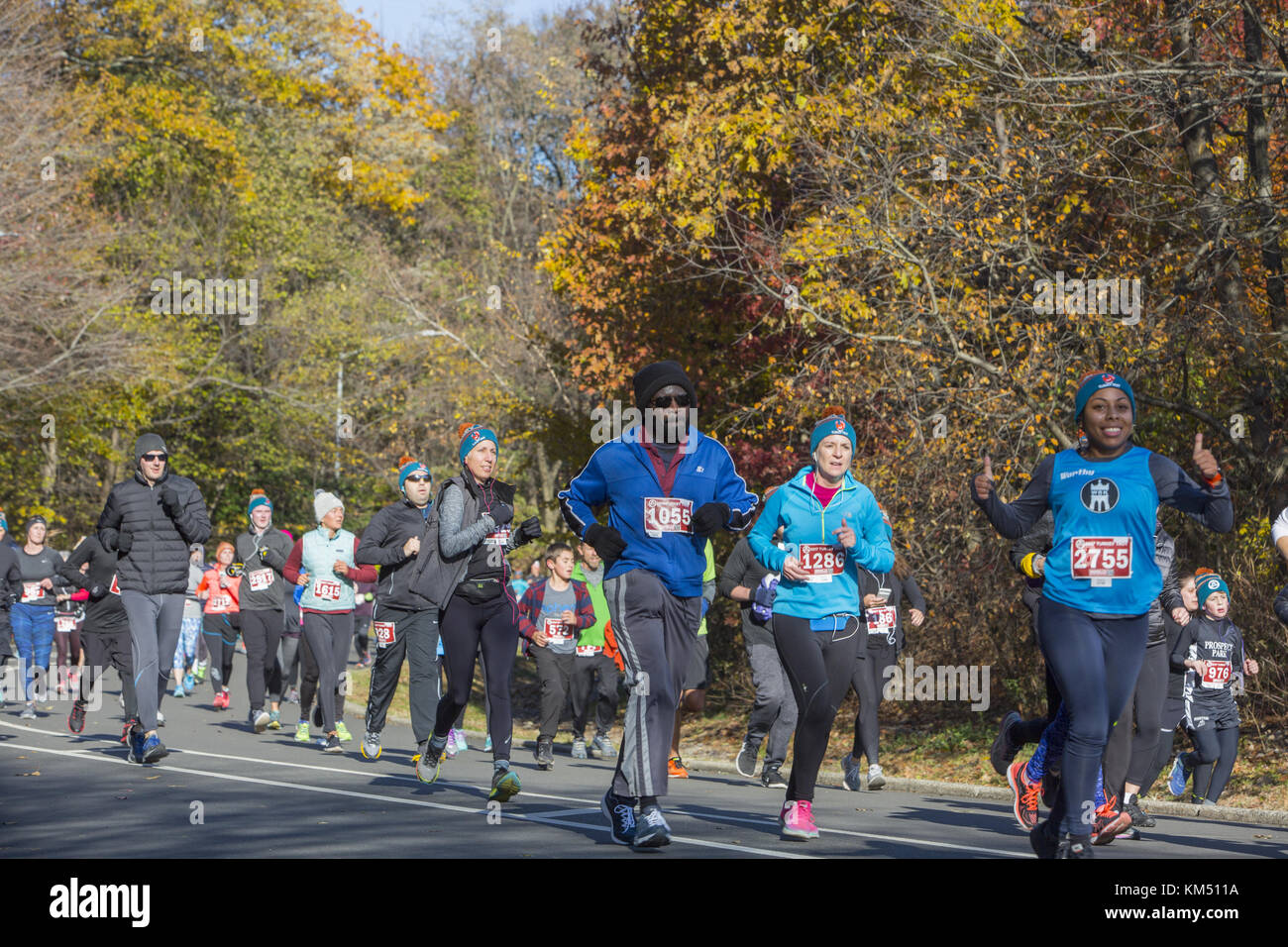 Runners in Prospect Park at the popular annual Thanksgiving morning