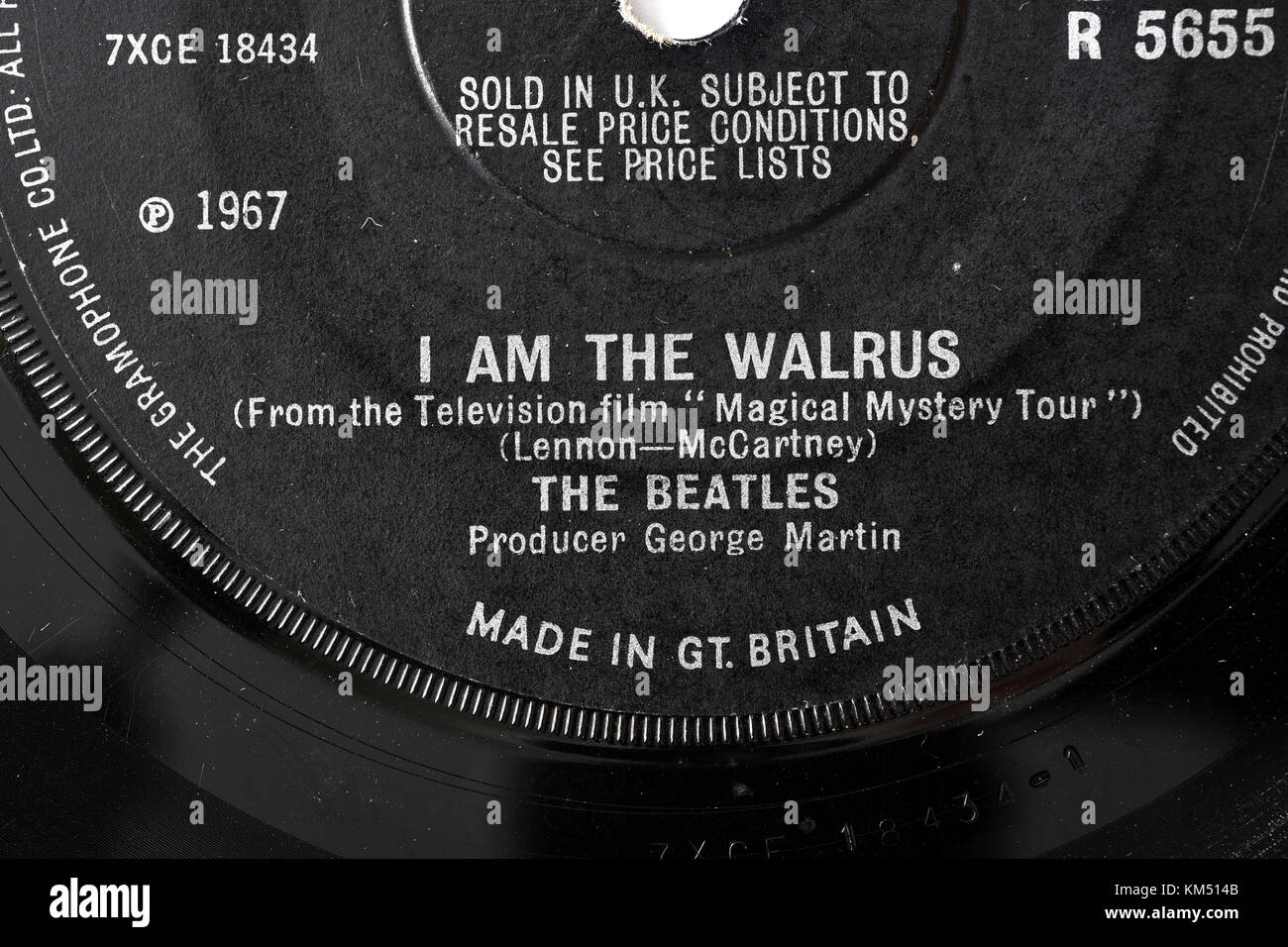 Beatles I Am the Walrus seven inch single label details Stock Photo