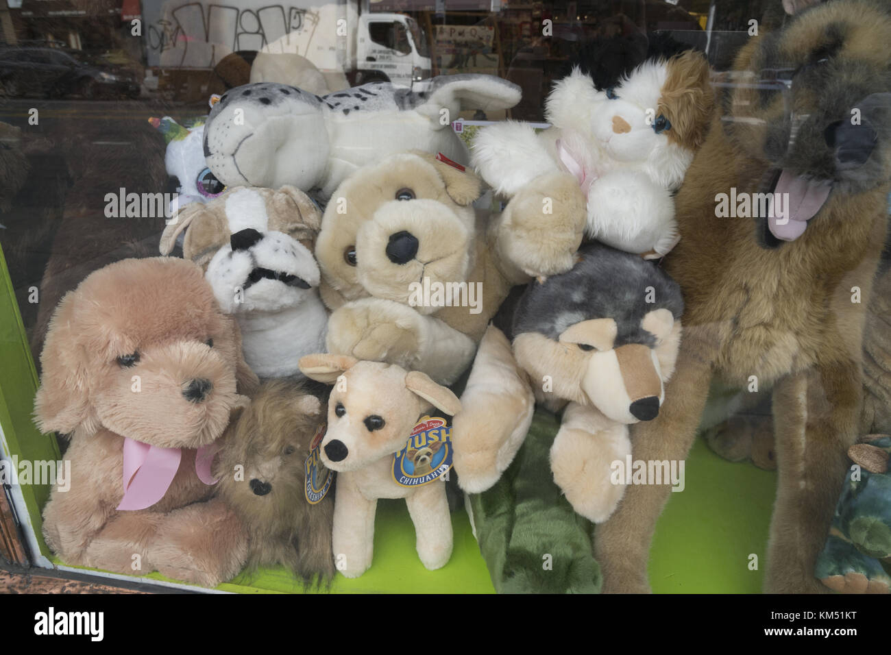 Dolls in the window of a toy store in Park Slope, a family neighborhood, in Brooklyn New York