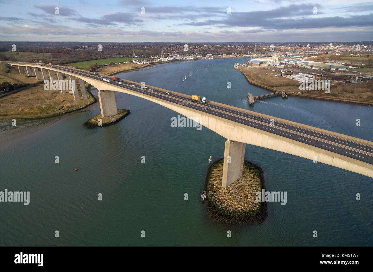Aerial view of Bridge spanning the Orwell estuary in Ipswich, Suffolk, UK Stock Photo