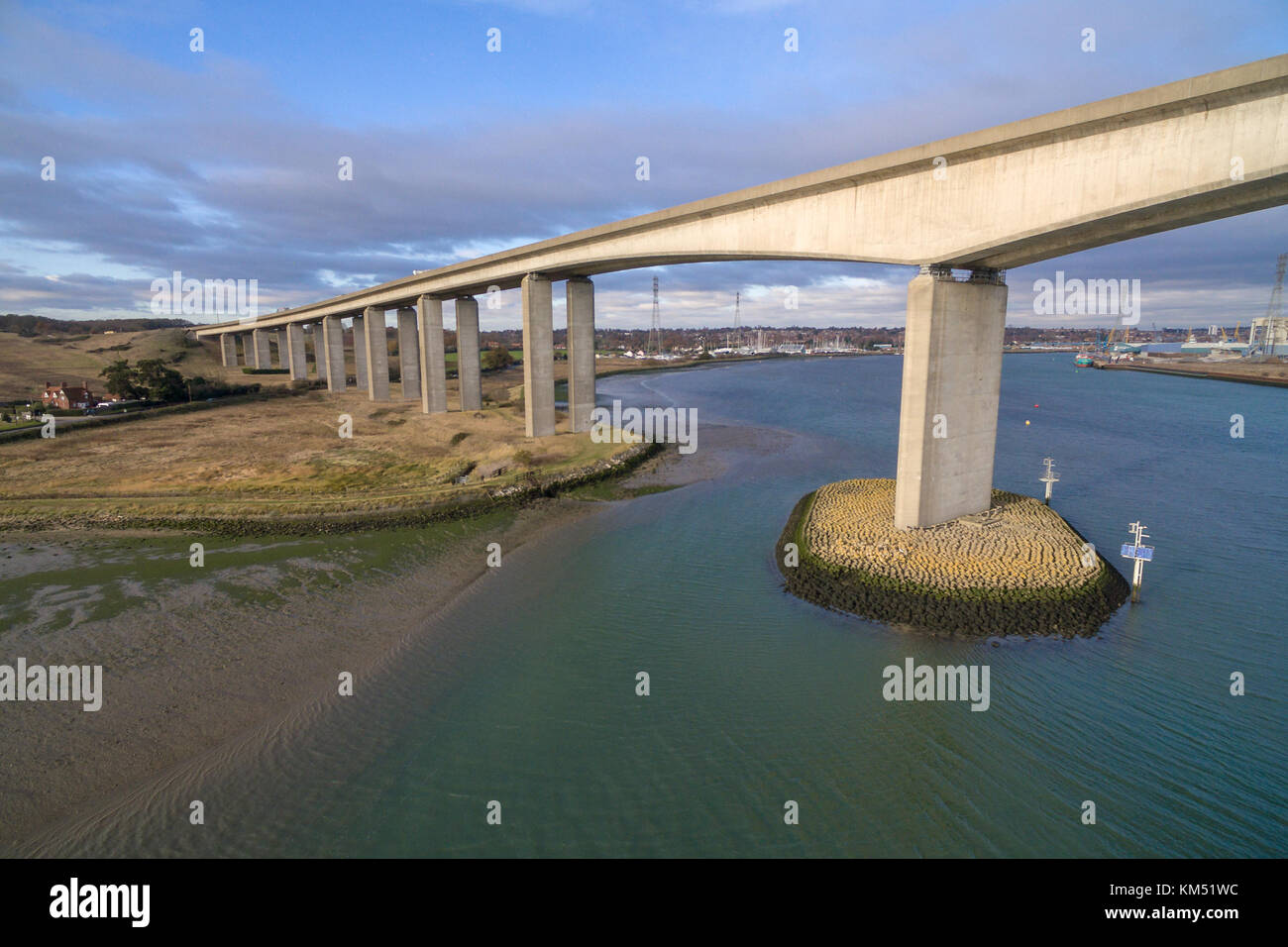 Aerial view of Bridge spanning the Orwell estuary in Ipswich, Suffolk, UK Stock Photo