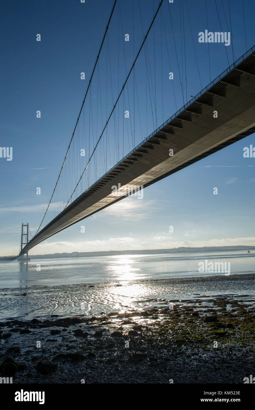 The Humber Bridge near Hull is a single span suspension bridge over the Humber estuary connecting East Yorkshire and North Lincolnshire Stock Photo