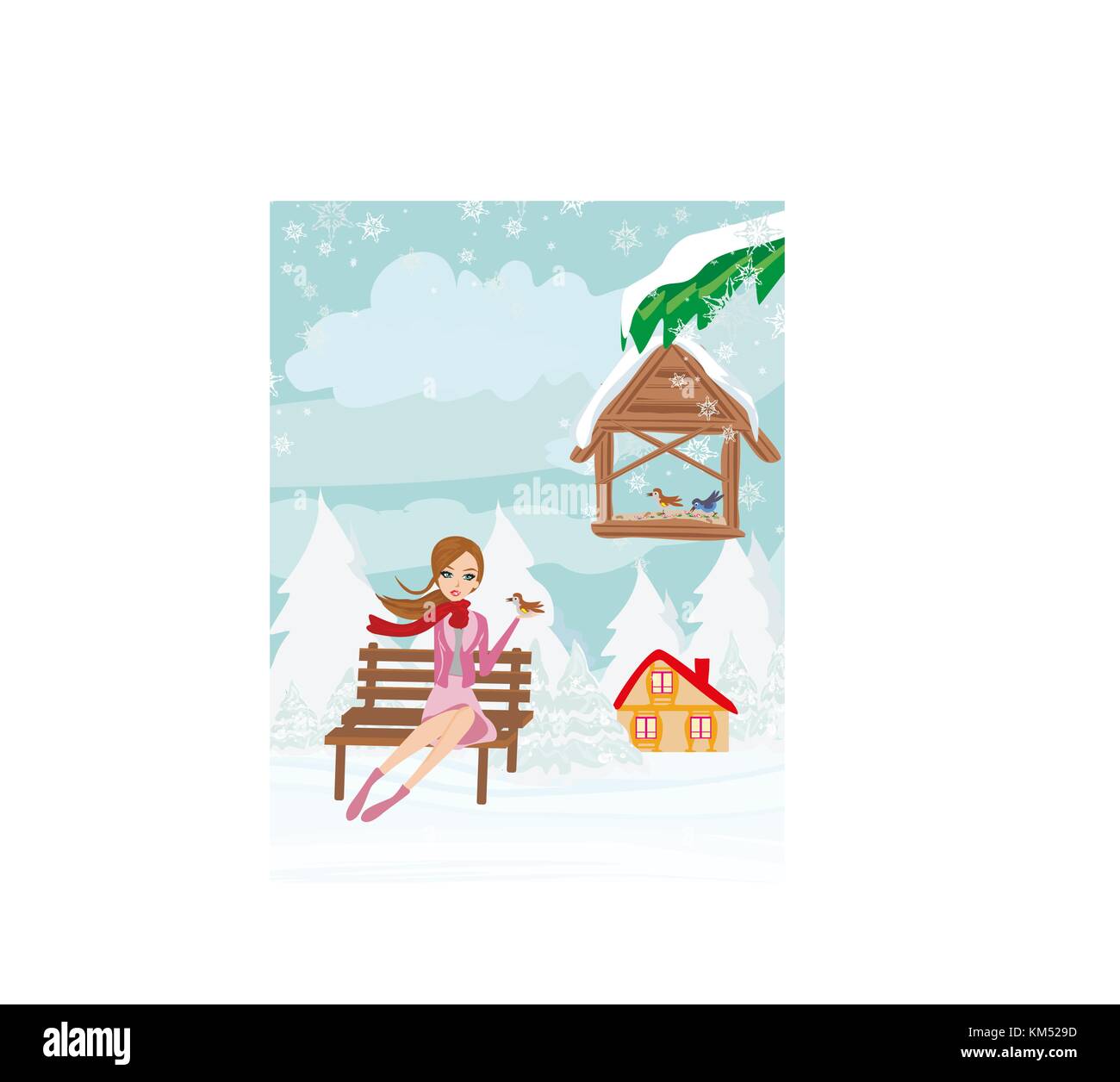 Girl feeds the birds in winter Stock Vector Image &amp; Art - Alamy