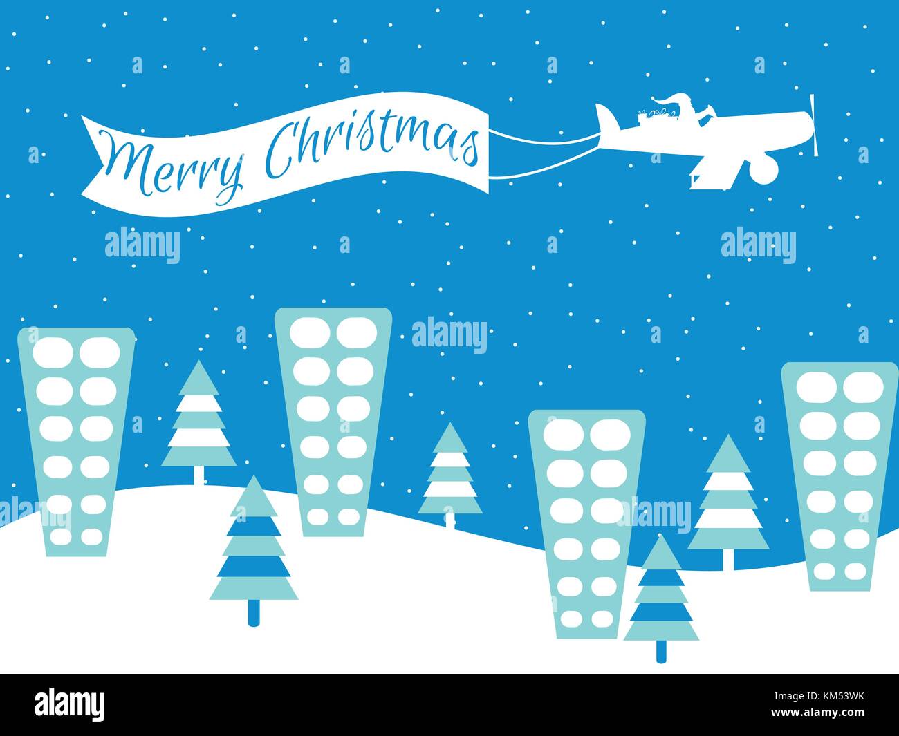 Merry Christmas Santa Claus is flying on a plane in a snow capped city