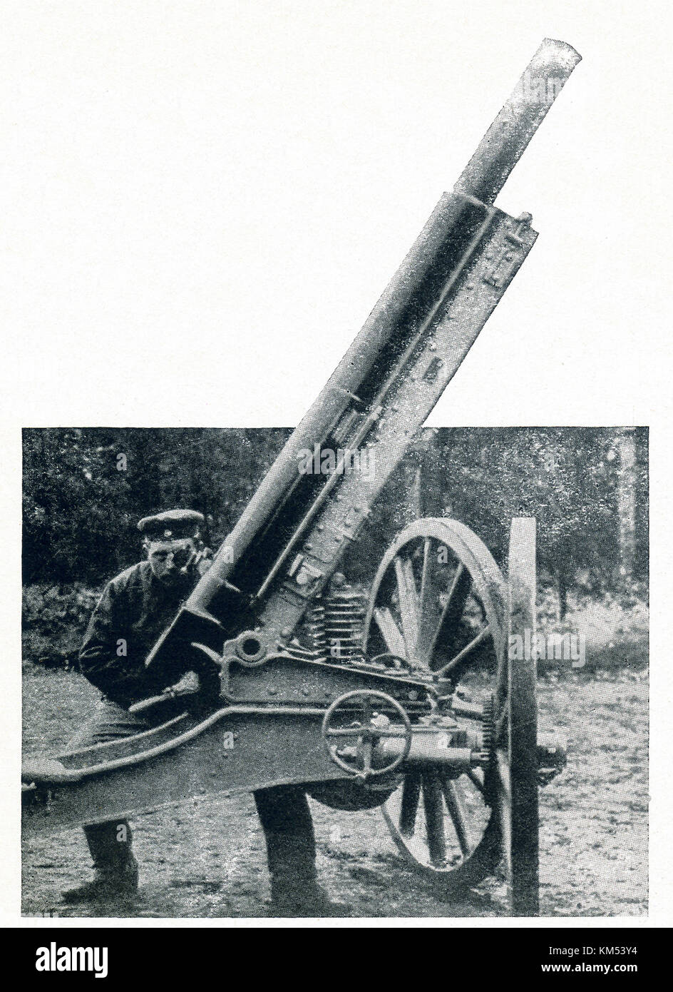 The caption that accompanied this phot that dates to around 1916, read: The latest product of the Krupps work is a specially designed gun for defense against the enemy of the clouds. The Krupps gun is a family of artillery pieces that several armies throughout the world have used starting with the 1800s. Krupp produced a 75 mm quick-firing gun that was used in World War I. Stock Photo
