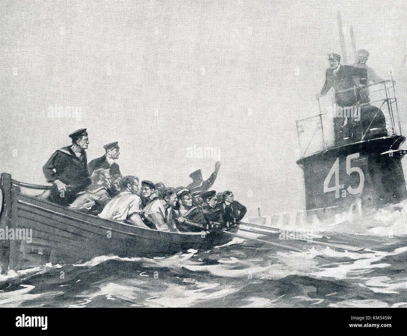 The caption for this photo that dates to around 1916 reads: British sailors, their cruiser sank, are picked up by one of their own submarines. The photo captures a scene during World War I. Stock Photo