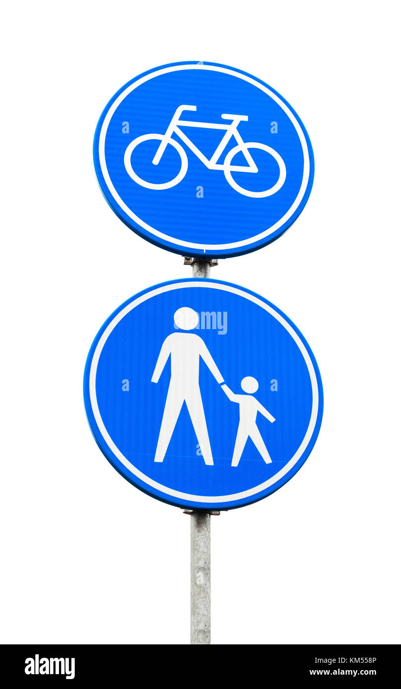 Lane for Bicycles And Pedestrians Only. Blue round road sign isolated on white background. Amsterdam, Netherlands Stock Photo